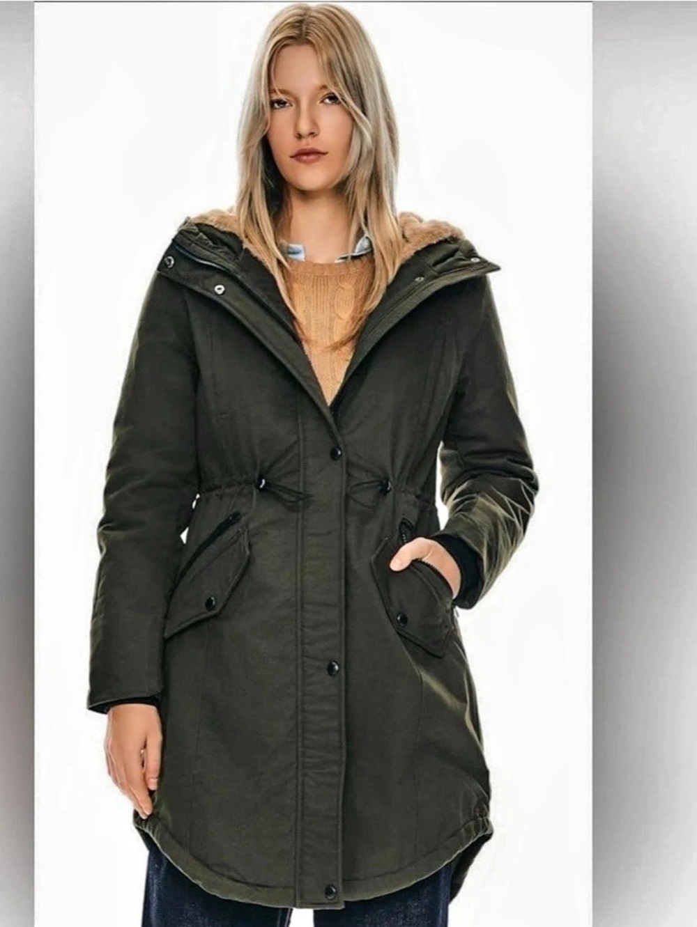 OROLAY Women's Hooded Faux Fur Lined Parka Olive Faux Fur Lined Parka Size Large